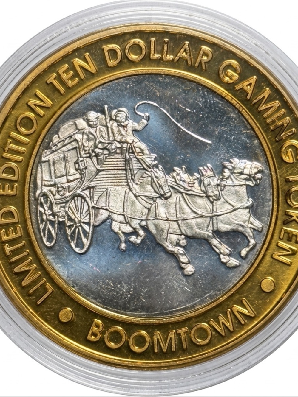 1996 Boomtown Casino Silver 10 Dollar Gaming Token, Stagecoach Short Whip